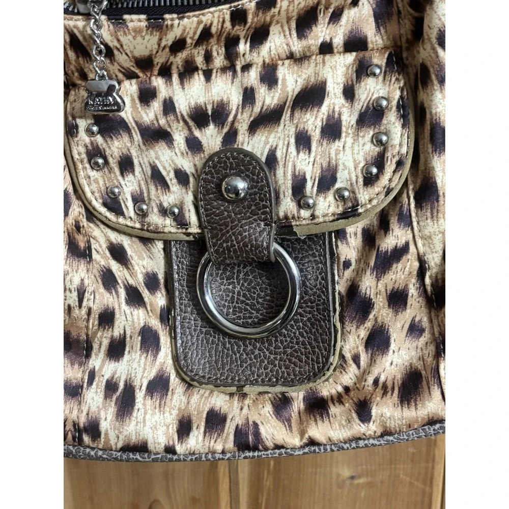 Kathy Van Zeeland Leopard Print Hobo Bag Y2K Studded Shoulder Purse Brown